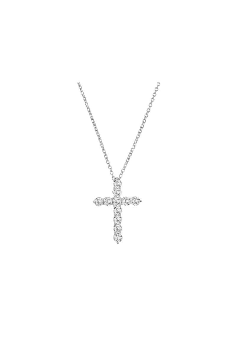 a silver cross necklace with diamonds