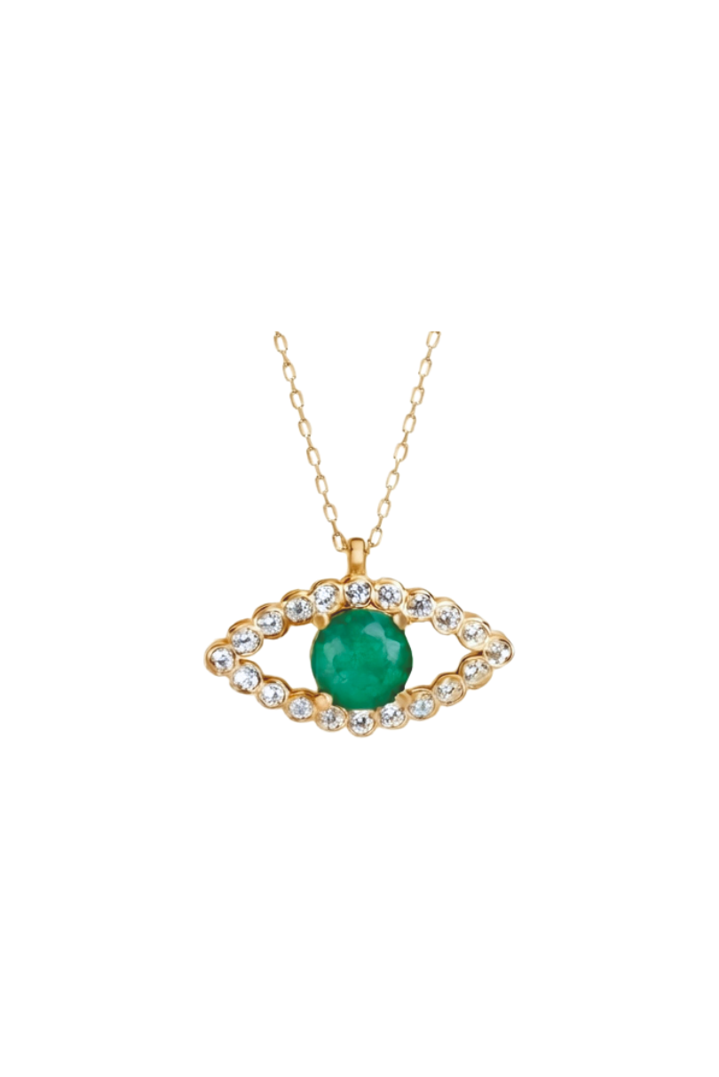 a gold necklace with a green stone and diamonds on it