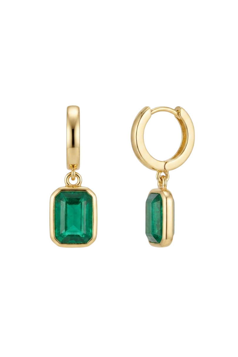 a pair of earrings with emeralds