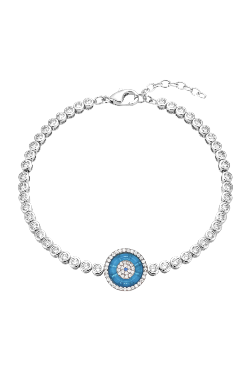 a silver bracelet with a blue and white circle with diamonds