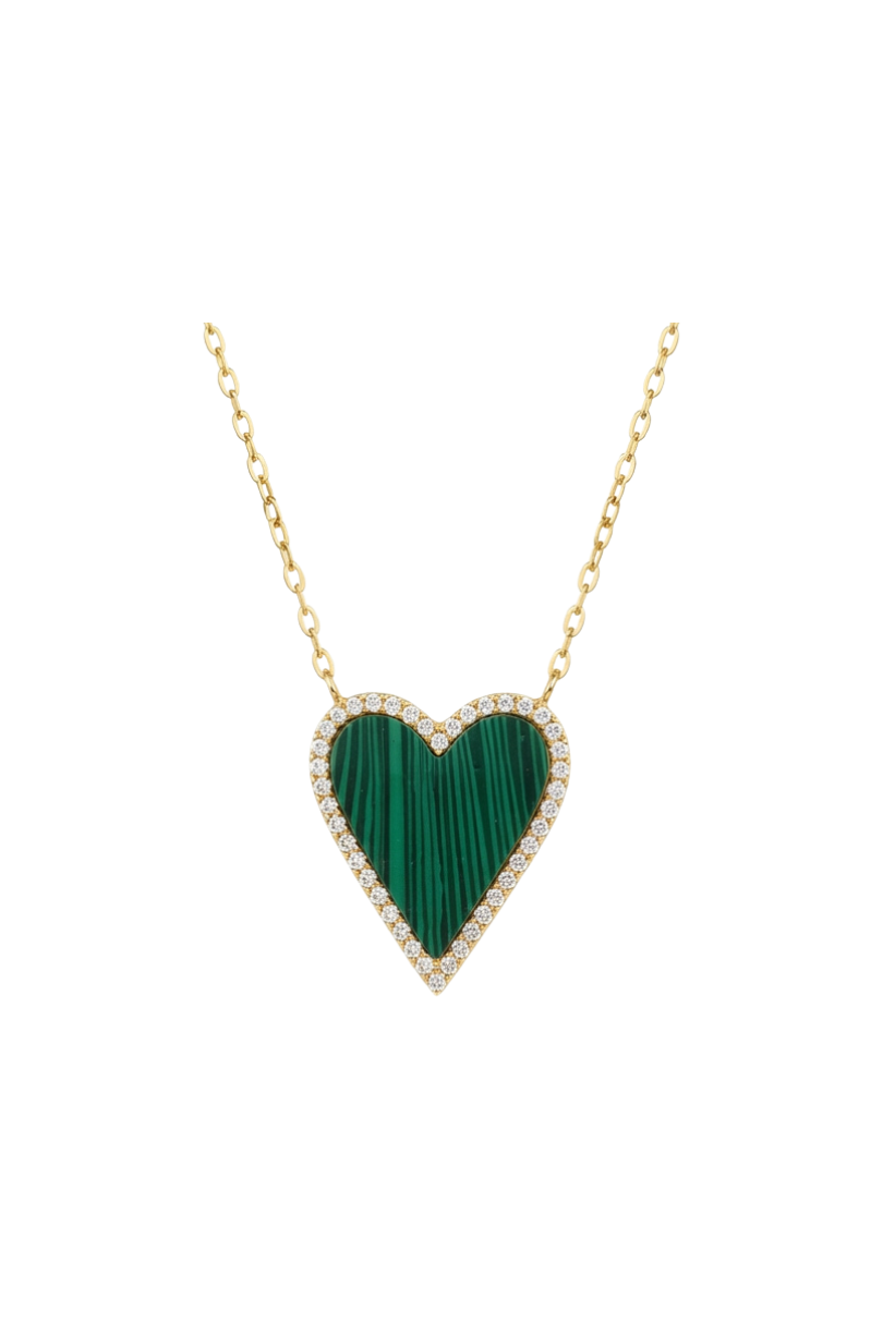a heart shaped necklace with a green stone and diamonds