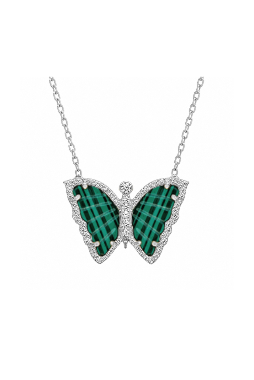 a necklace with a green and black butterfly pendant