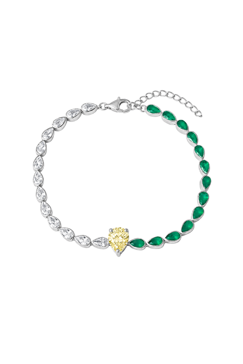 a bracelet with green and yellow stones