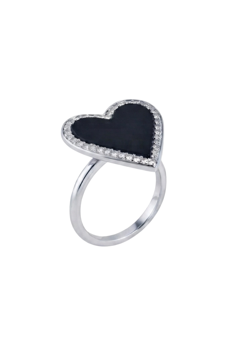 a black heart shaped ring with diamonds