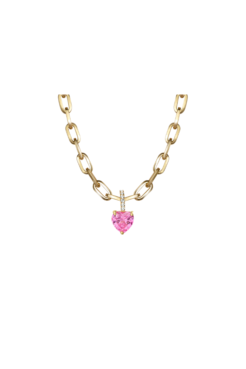a gold chain with a pink heart pendant