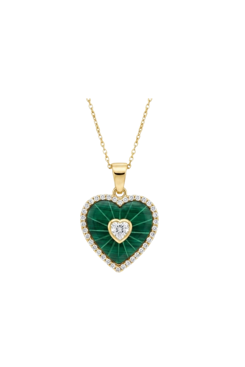a gold necklace with a green heart shaped pendant and a diamond