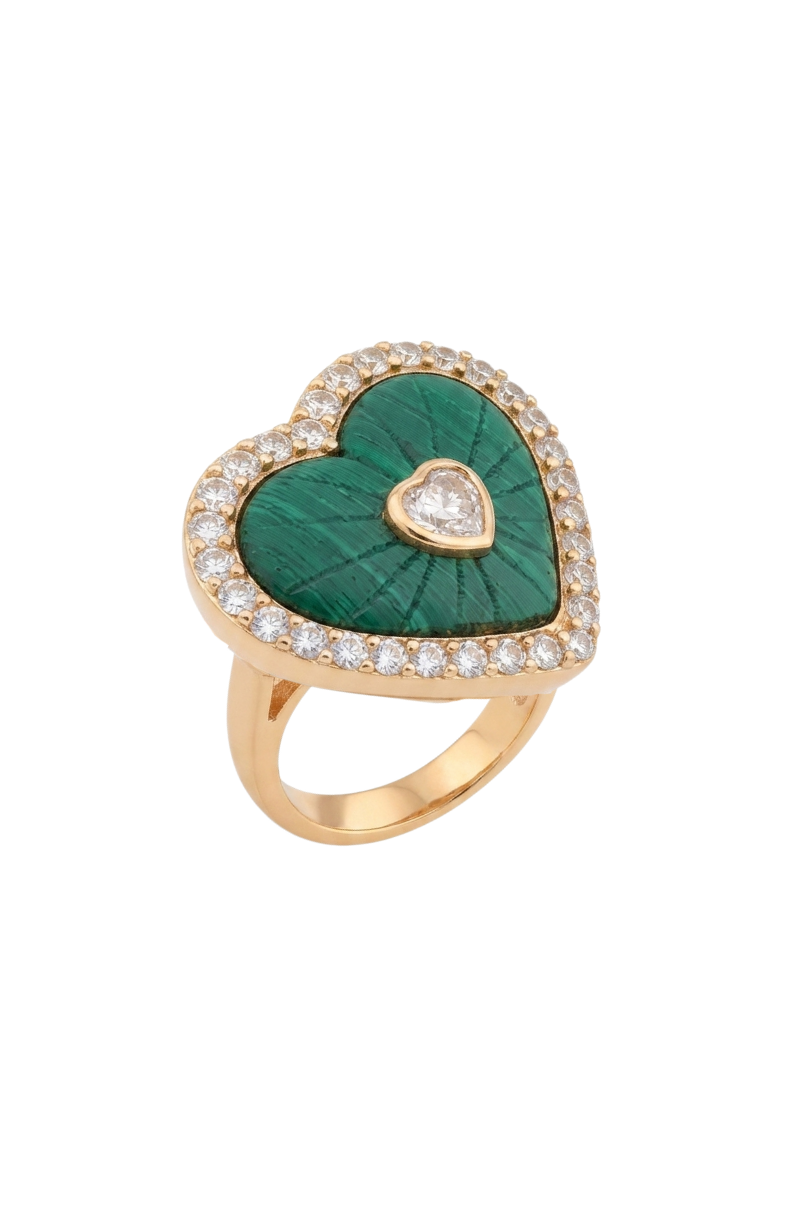 a gold ring with a green heart shaped ring with diamonds