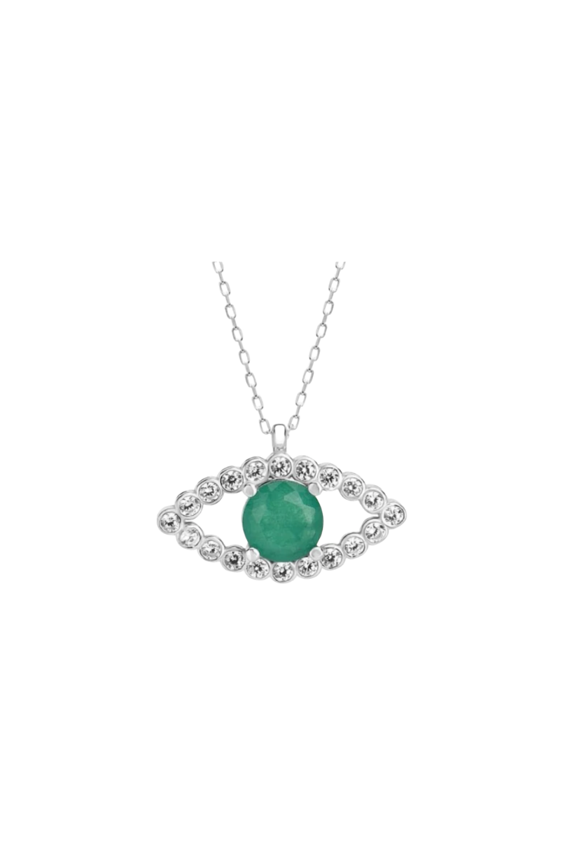 a necklace with a green stone and diamonds