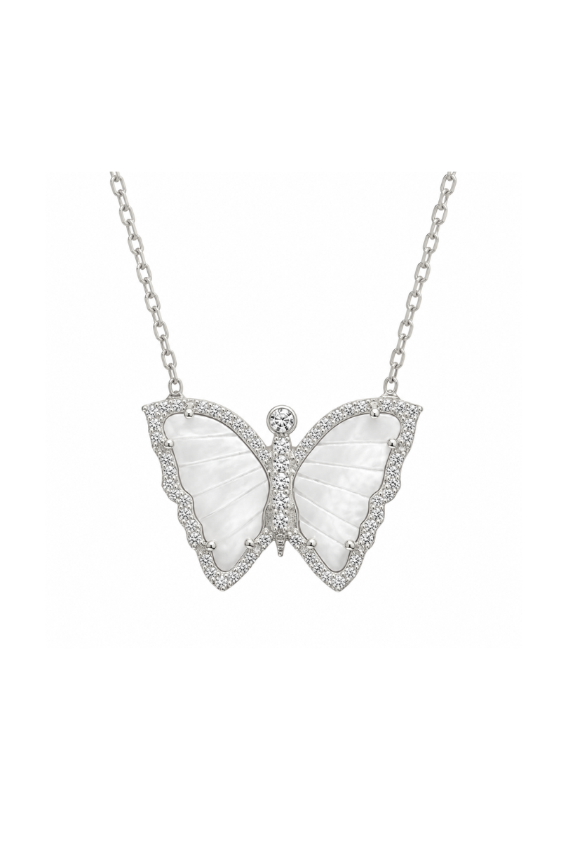 a white butterfly necklace with diamonds