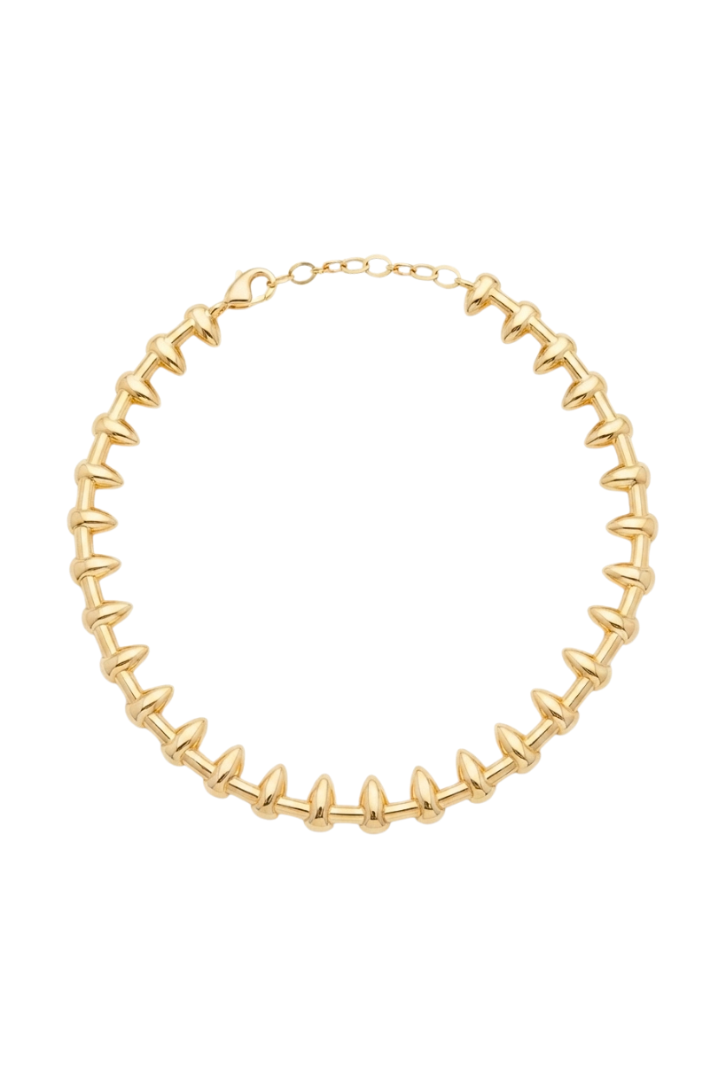 a gold necklace with teeth