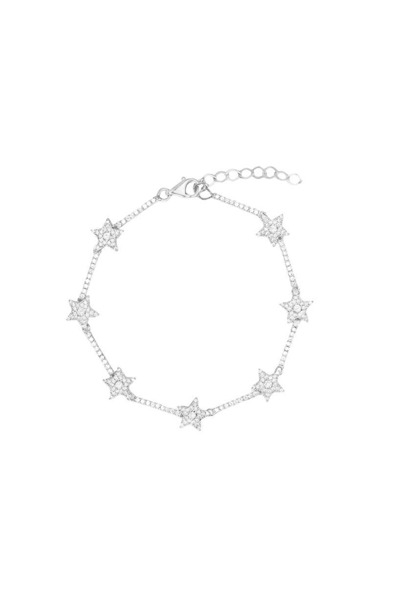 A sterling silver bracelet featuring a chain-link design with small silver stars arranged along the perimeter, with a rhodium plated finish.