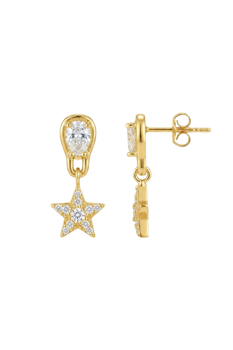 a pair of gold earrings with diamonds