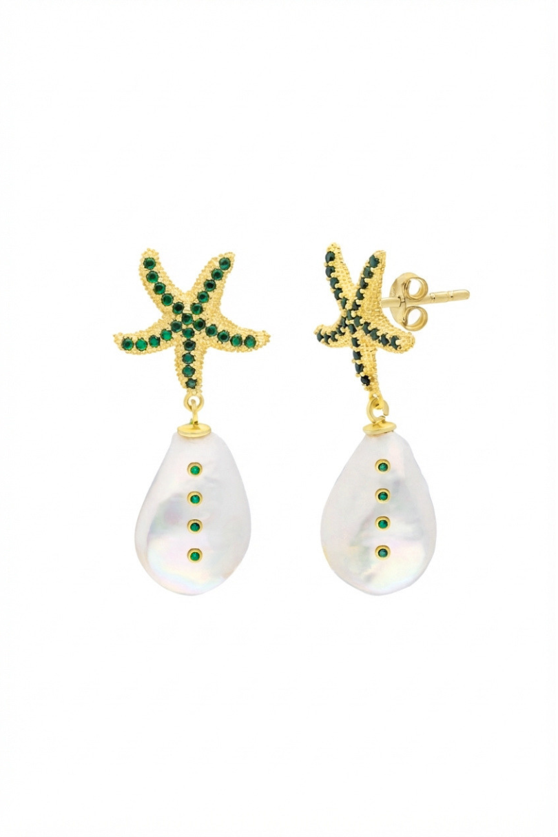 a pair of gold earrings with green stones