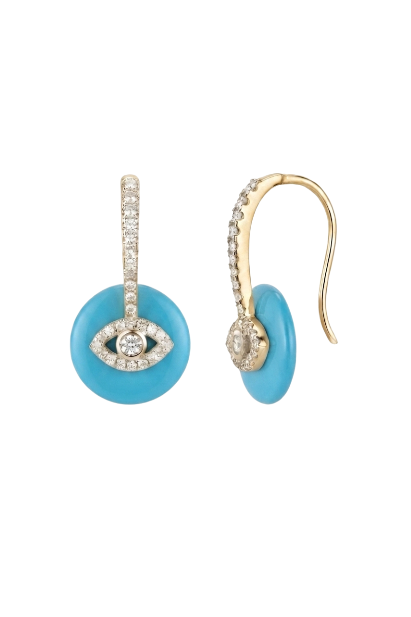a pair of earrings with blue and white stones