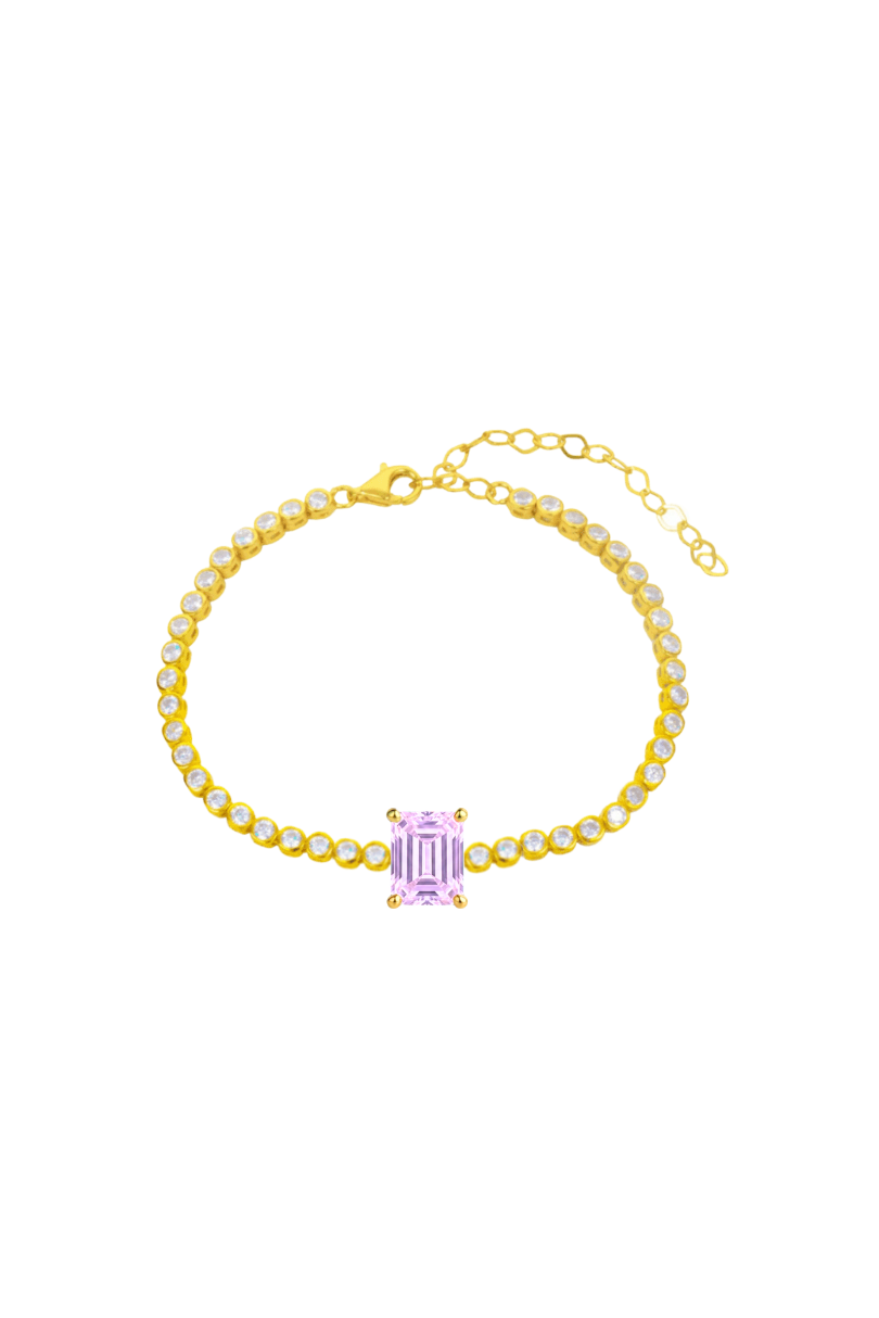 a gold bracelet with a purple stone and diamonds