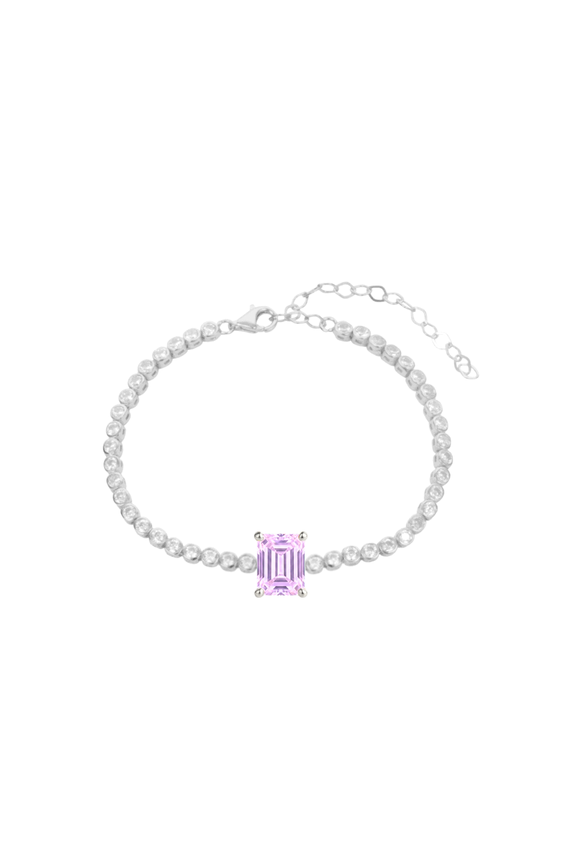 a silver bracelet with a purple square stone